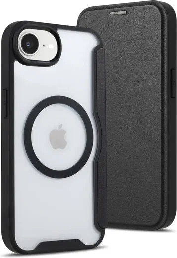 Apple iPhone 17e / 16e Hoesje met MagSafe / Qi2 Book Case Transparant / Zwart afbeelding 2