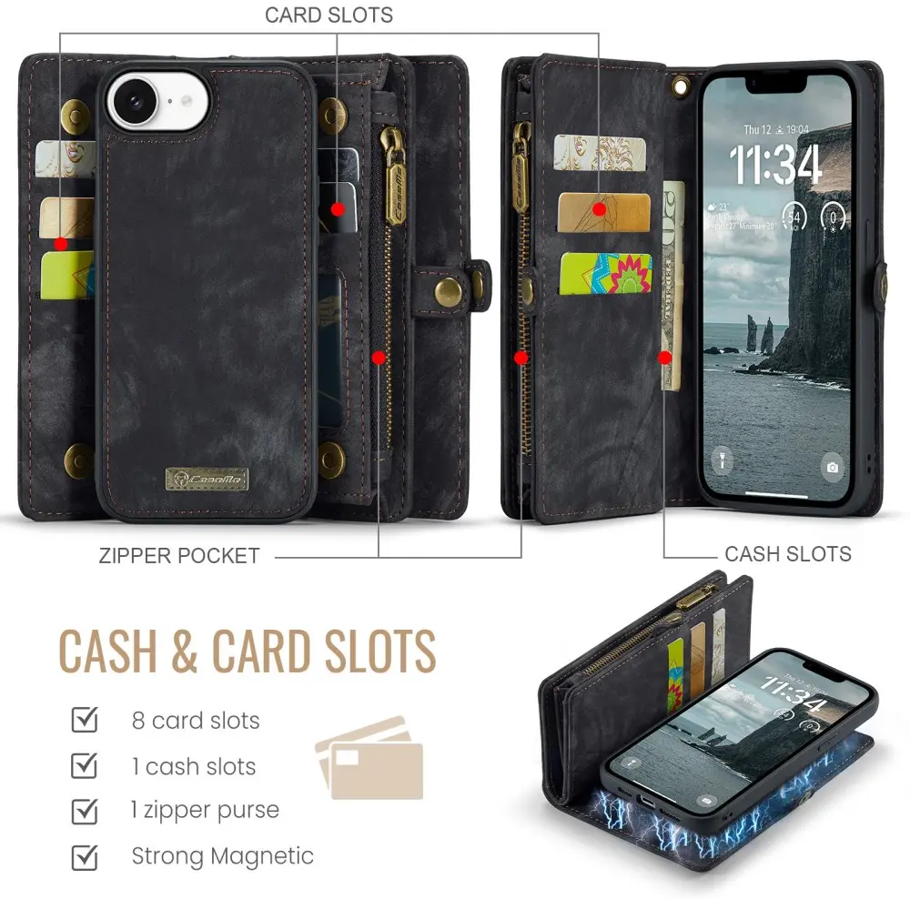CaseMe 008 Apple iPhone 17e / 16e Hoesje 2-in-1 Book Case en Back Cover Zwart afbeelding 3