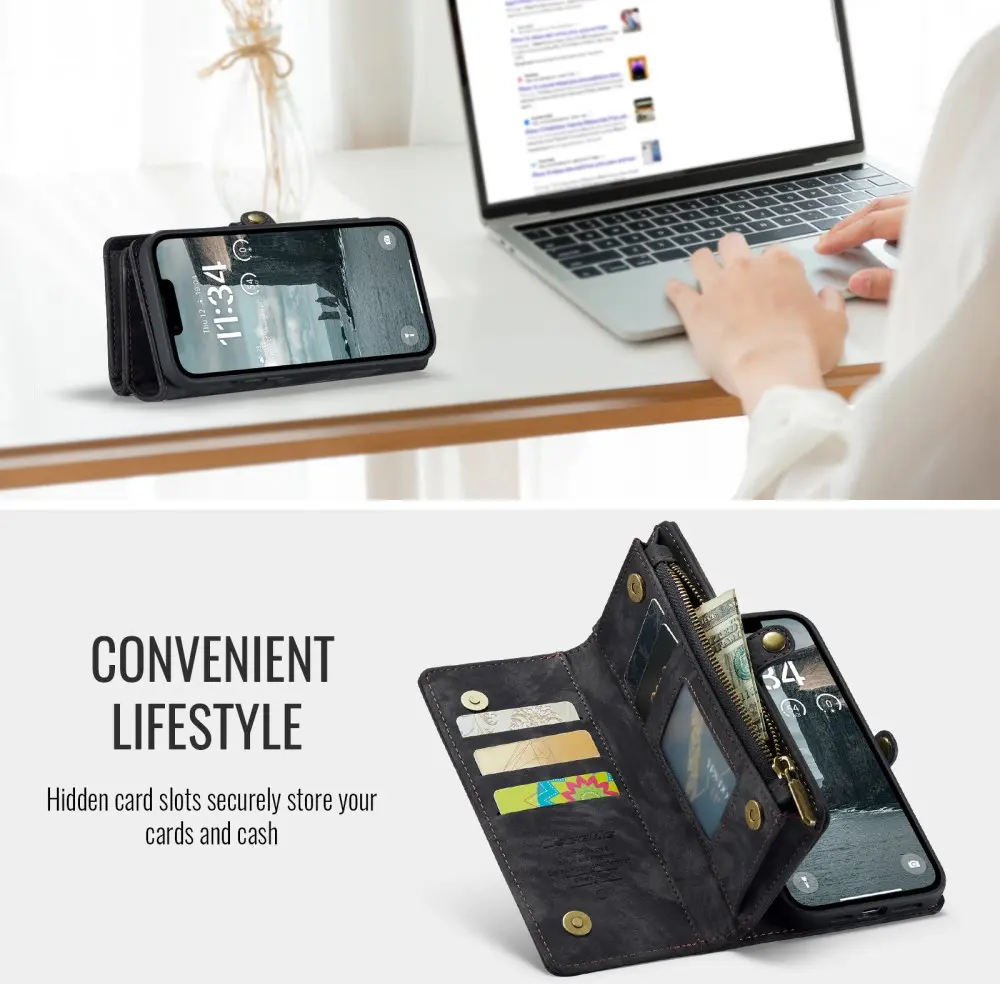 CaseMe 008 Apple iPhone 17e / 16e Hoesje 2-in-1 Book Case en Back Cover Zwart afbeelding 4