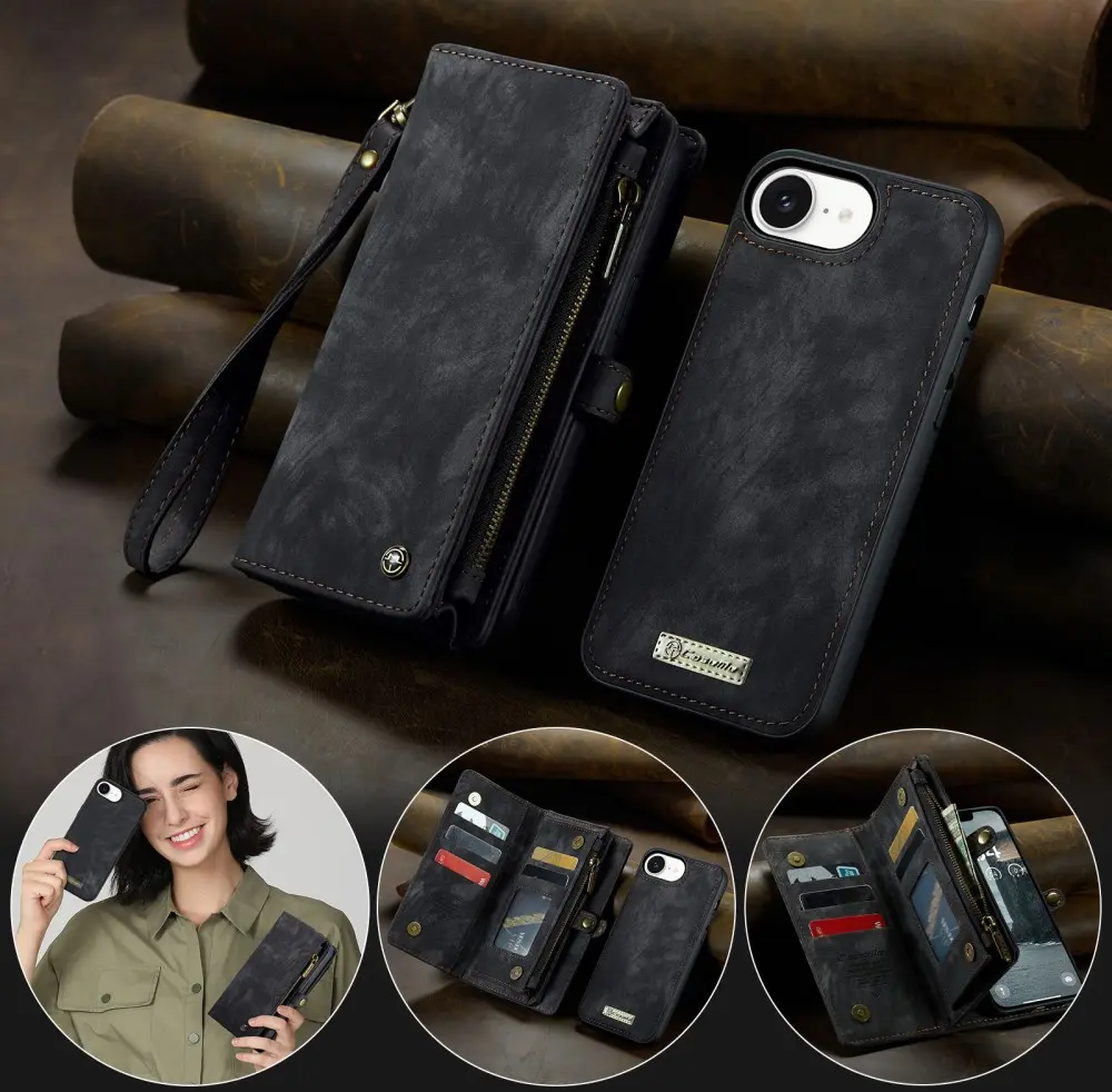 CaseMe 008 Apple iPhone 17e / 16e Hoesje 2-in-1 Book Case en Back Cover Zwart afbeelding 6