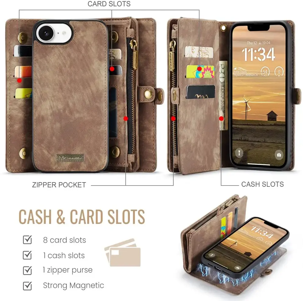 CaseMe 008 Apple iPhone 17e / 16e Hoesje 2-in-1 Book Case en Back Cover Bruin afbeelding 3