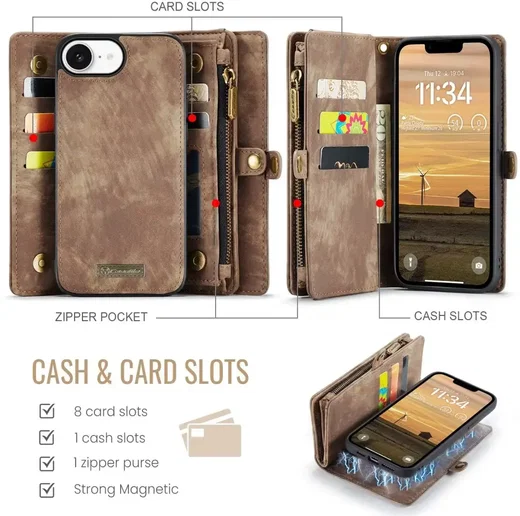 CaseMe 008 Apple iPhone 17e / 16e Hoesje 2-in-1 Book Case en Back Cover Bruin afbeelding 3