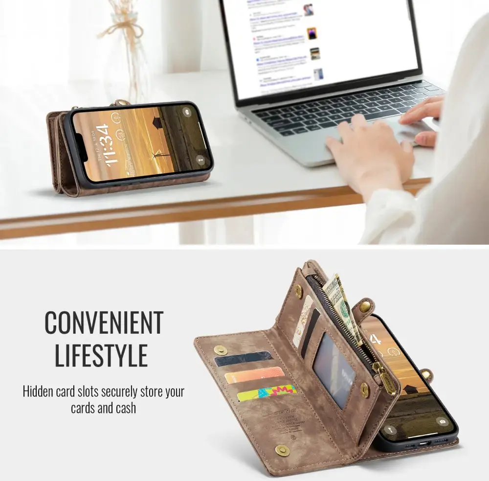 CaseMe 008 Apple iPhone 17e / 16e Hoesje 2-in-1 Book Case en Back Cover Bruin afbeelding 4