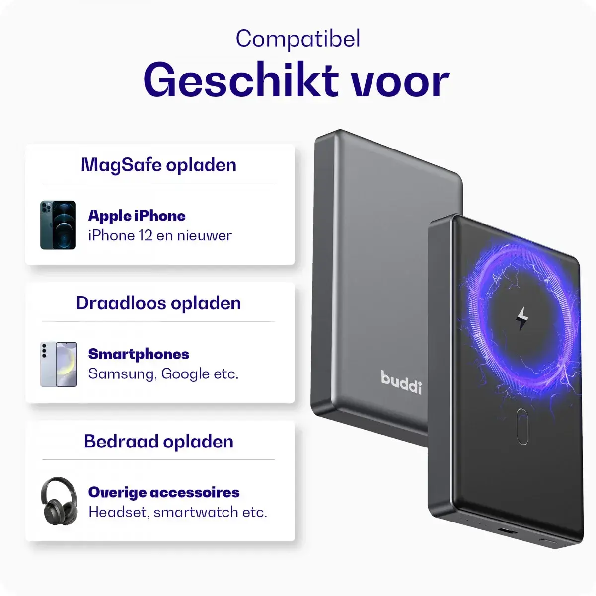 Buddi Connect 10.000 mAh MagSafe Powerbank Duo Pack Zwart 20W afbeelding 12