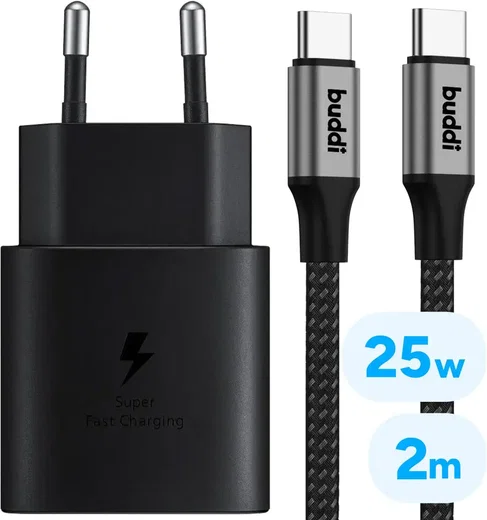 Originele Samsung 25W Power Adapter met Buddi Flex USB-C Kabel 2M Zwart afbeelding 1