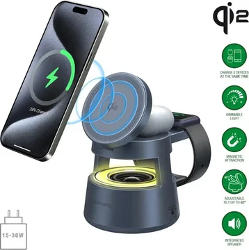 4smarts Aura Sound 3-in-1 Qi2 Draadloze Oplader Smartphone/AirPods/Watch Grijs