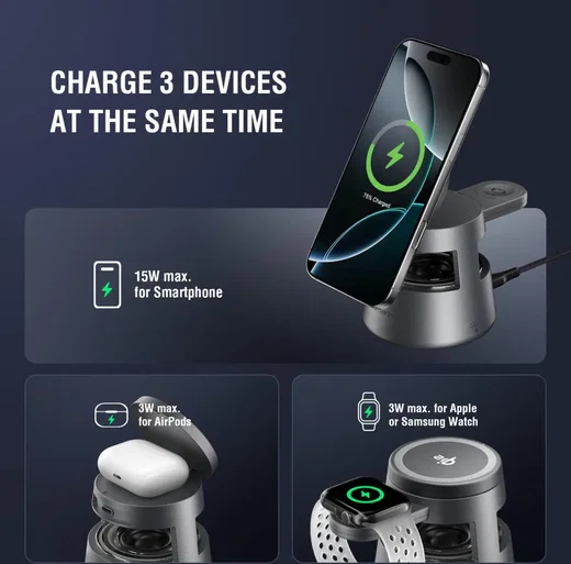 4smarts Aura Sound 3-in-1 Qi2 Draadloze Oplader Smartphone/AirPods/Watch Grijs afbeelding 3
