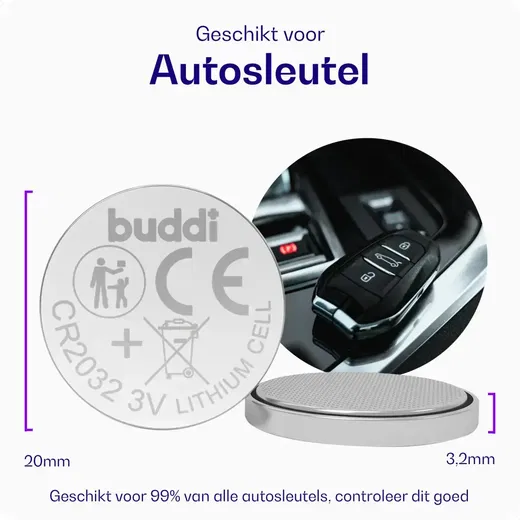 Buddi CR2032 Lithium Knoopcelbatterij Autosleutel 210mh / 3V (5-Pack) afbeelding 2