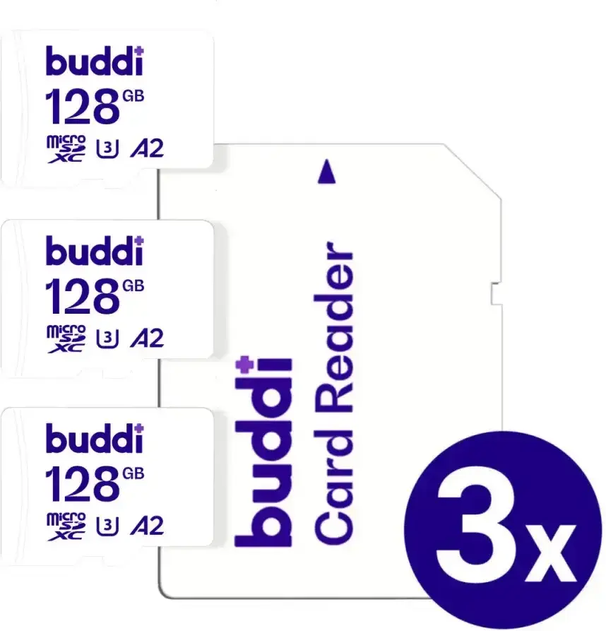 Buddi MicroSDXC Geheugenkaart met SD Kaart Adapter 128GB 3-Pack afbeelding 1