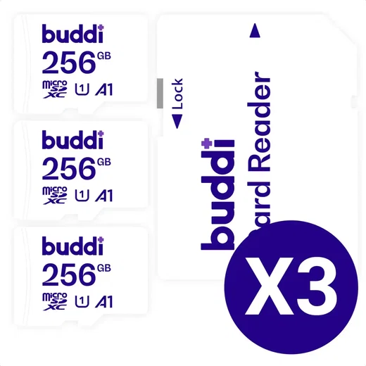 Buddi MicroSDXC Geheugenkaart met SD Kaart Adapter 256GB 3-Pack afbeelding 1