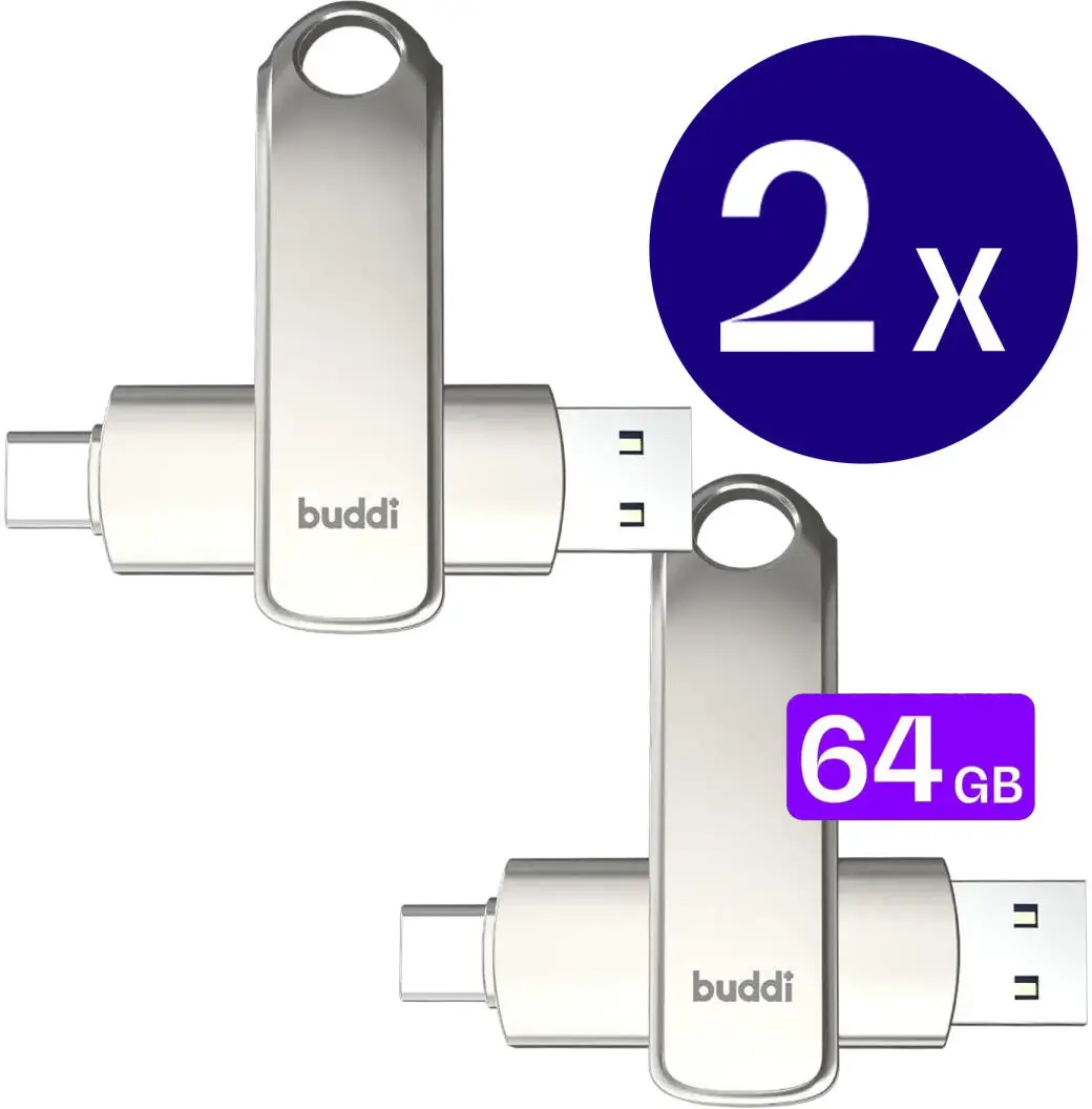 Buddi USB-A en USB-C Stick Dual Geheugenstick 64GB Grijs (2-Pack) afbeelding 1
