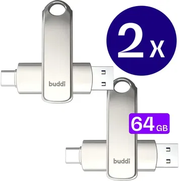 Buddi USB-A en USB-C Stick Dual Geheugenstick 64GB Grijs (2-Pack)