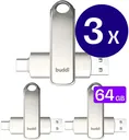 Buddi USB-A en USB-C Stick Dual Geheugenstick 64GB Grijs (3-Pack)