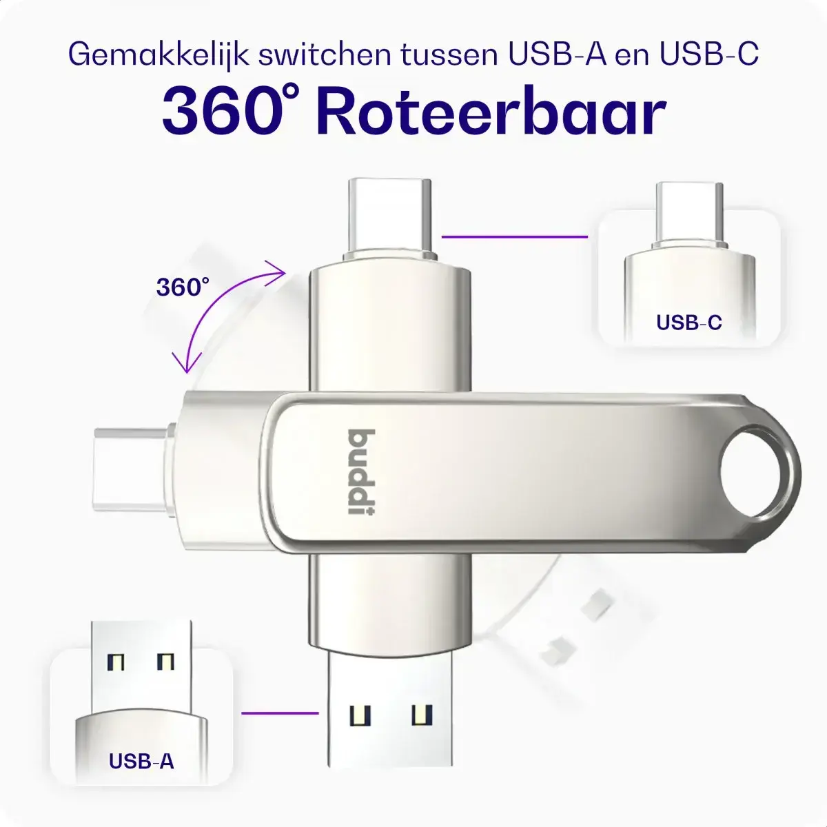 Buddi USB-A en USB-C Stick Dual Geheugenstick 64GB Grijs (3-Pack) afbeelding 2