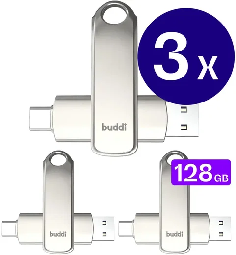 Buddi USB-A en USB-C Stick Dual Geheugenstick 128GB Grijs (3-Pack) afbeelding 1