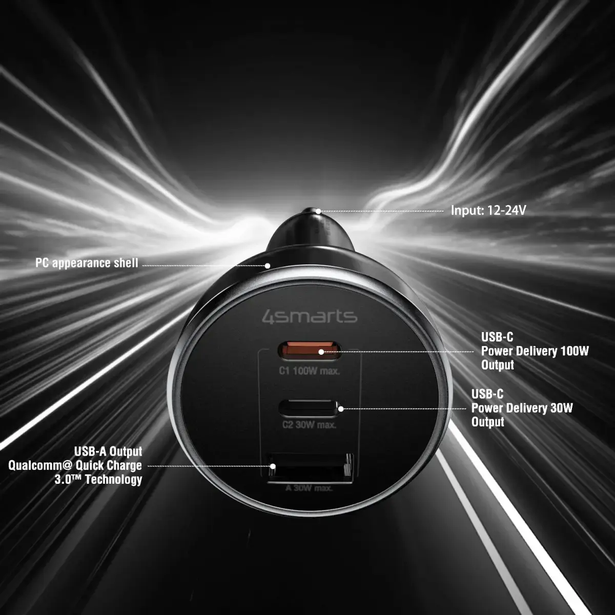 4Smarts Auto Lader VoltRoad Ultimate 2X USB-C 1X USB-A 160W Zwart afbeelding 2