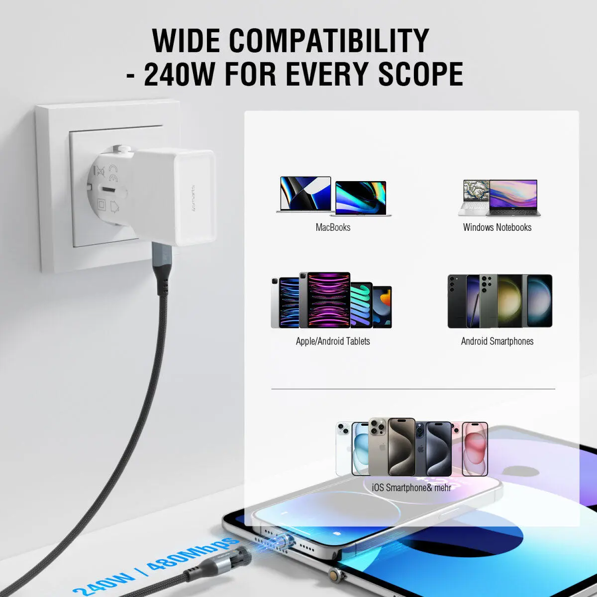 4smarts USB-C naar USB-C 240W Magnetische Oplaad Kabel PD 1.8 Meter Zwart afbeelding 6
