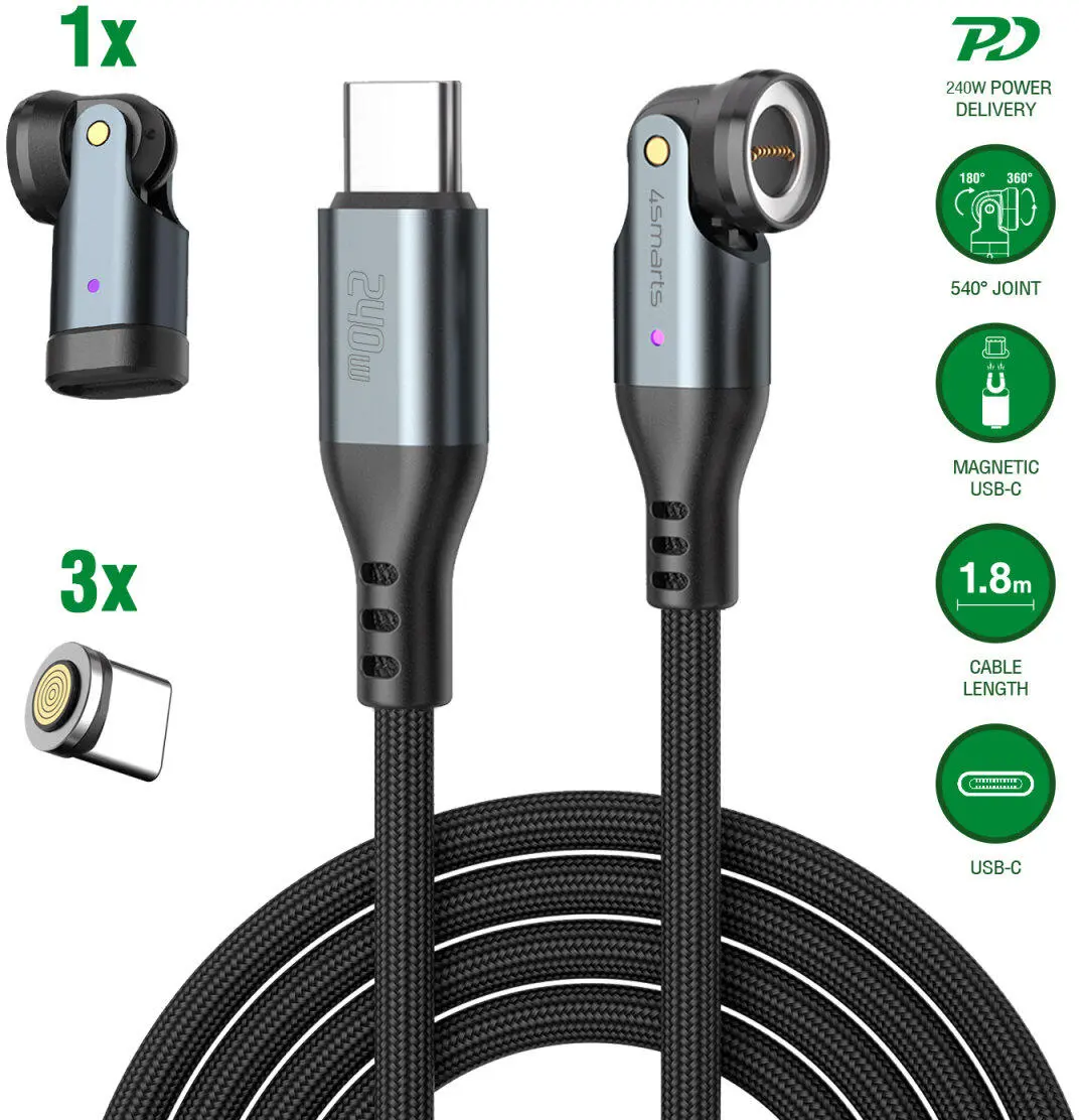 4smarts USB-C naar USB-C 240W Magnetische Oplaad Kabel PD 1.8 Meter Zwart afbeelding 9