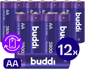 Buddi Oplaadbare AA Batterijen 2.800 mAh 1.2V 12 Stuks