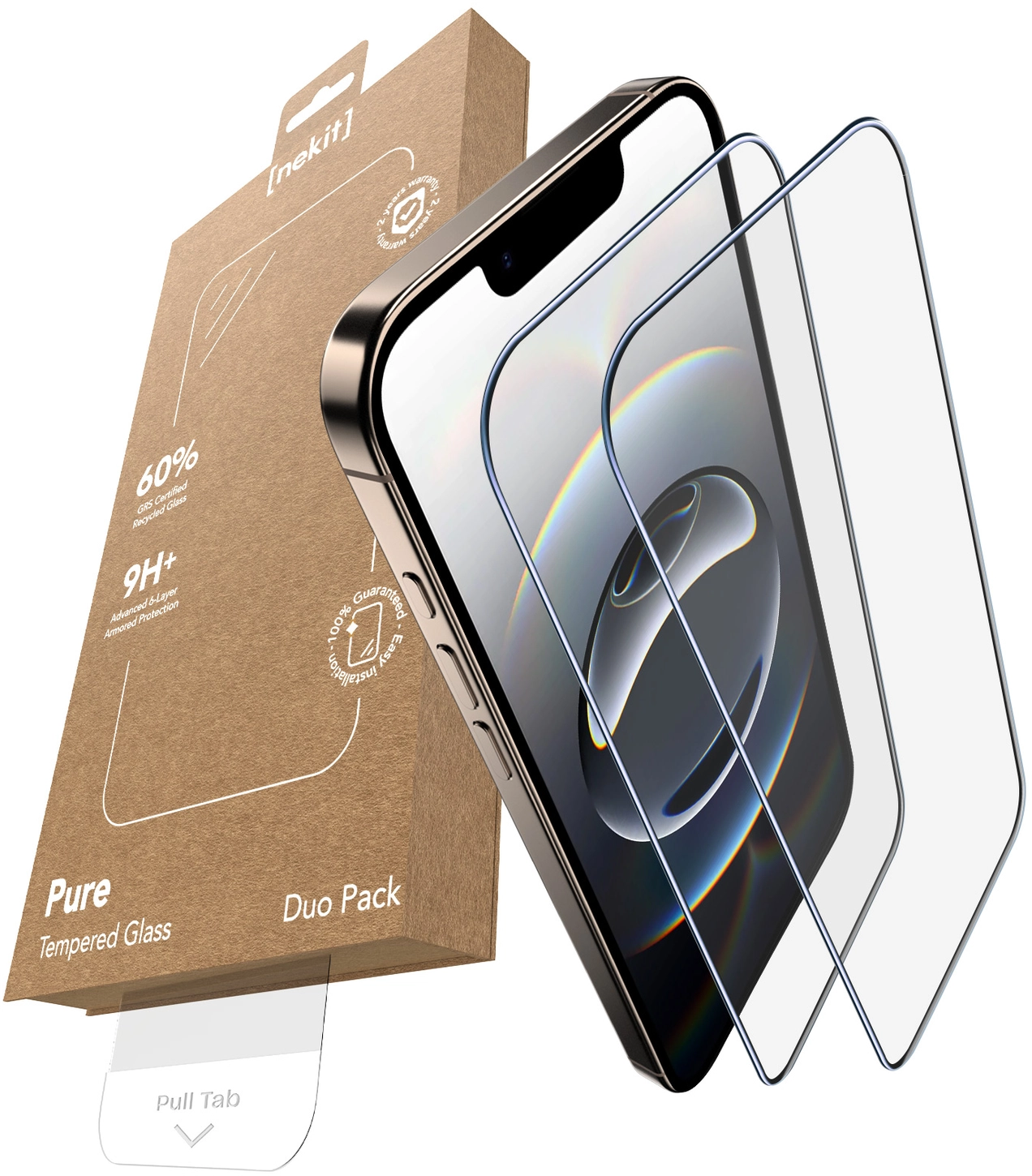 NEKIT Pure iPhone 17e/16e/14/13 Pro Tempered GRS Glass Installatiebox (2-Pack) afbeelding 2