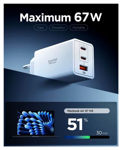 Spigen Essential EE673EU 67W GaN Snellader USB-A/USB-C met Power Delivery Wit afbeelding 2