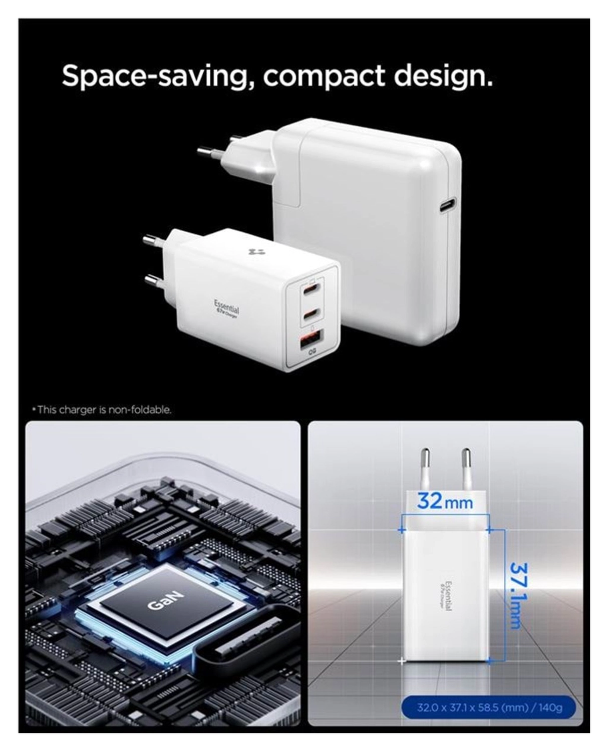 Spigen Essential EE673EU 67W GaN Snellader USB-A/USB-C met Power Delivery Wit afbeelding 4