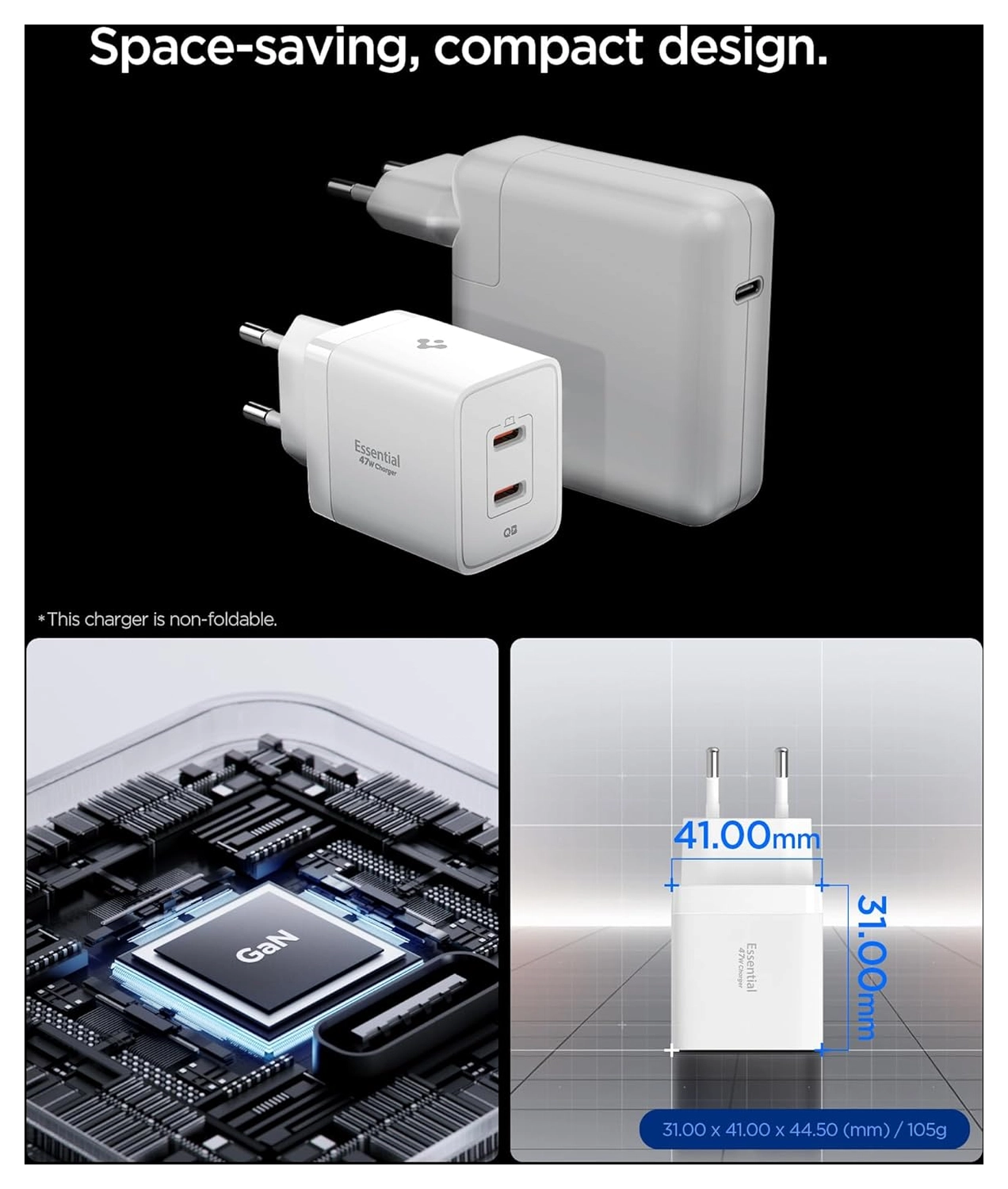 Spigen Essential EE472EU 47W GaN USB-C Snellader Power Delivery Adapter Wit afbeelding 5