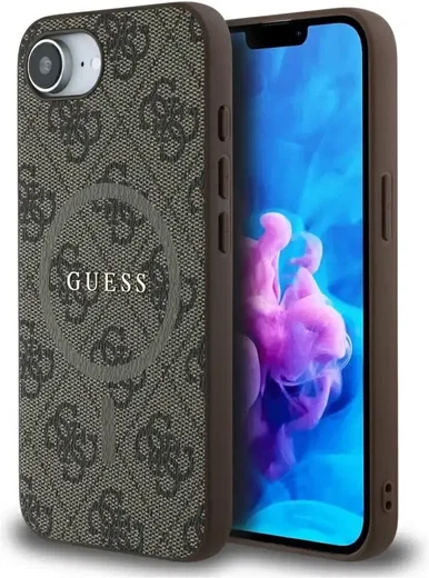 Guess iPhone 17e / 16e Hoesje MagSafe Hard Case 4G Monogram Logo Bruin afbeelding 1