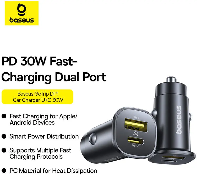 Baseus GoTrip 30W PD Autolader USB-A + USB-C Poort met Snelladen Zwart afbeelding 3