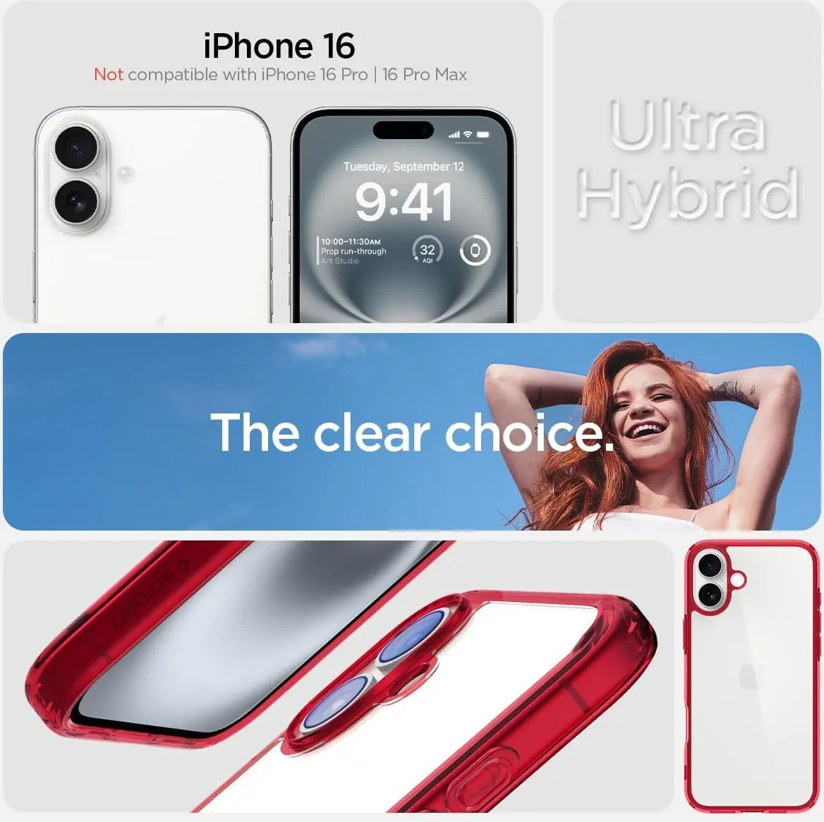 Spigen Ultra Hybrid Apple iPhone 16 Hoesje Back Cover Transparant Rood afbeelding 3