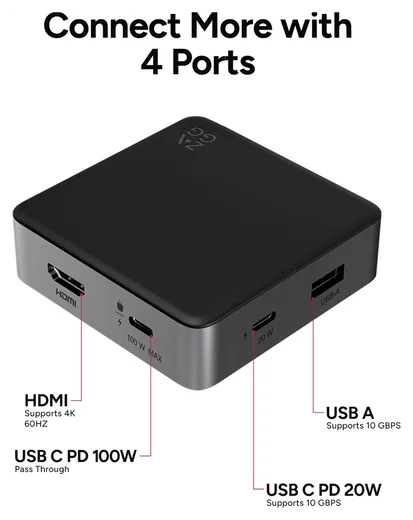 ZAGG 4-Ports USB-C Hub met 15W Draadloos Opladen/100W USB-C PD/4K HDMI/USB-A afbeelding 3