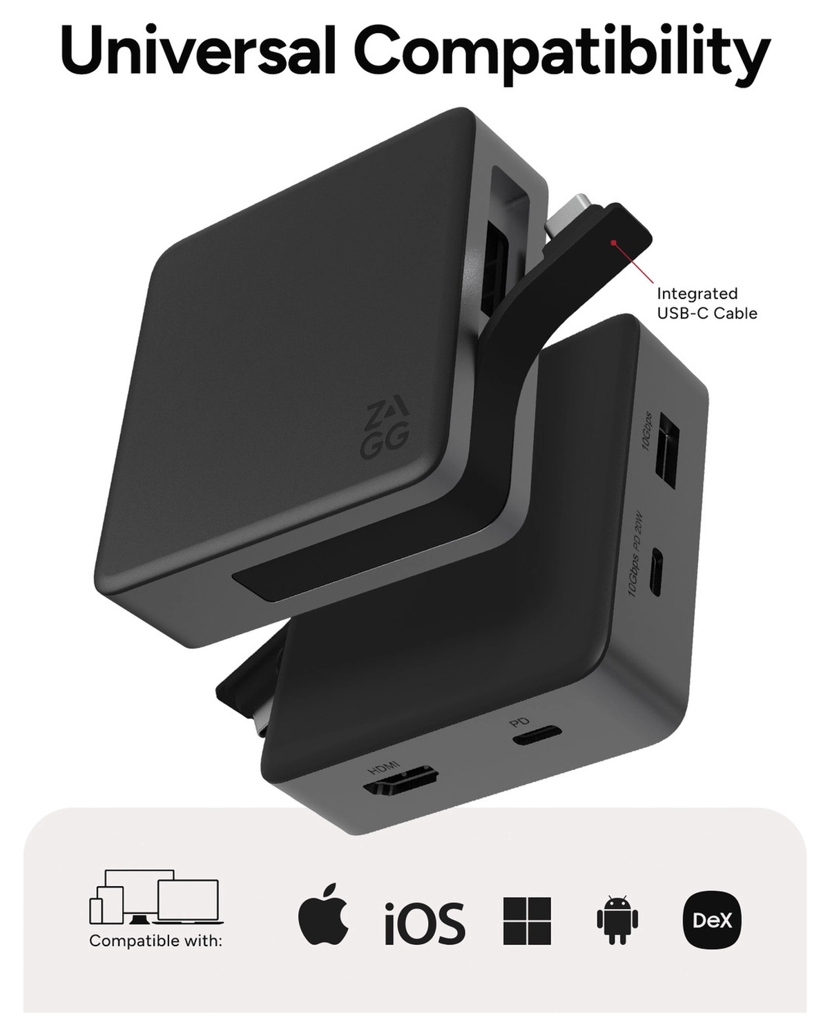 ZAGG 4-Ports USB-C Hub met 15W Draadloos Opladen/100W USB-C PD/4K HDMI/USB-A afbeelding 4