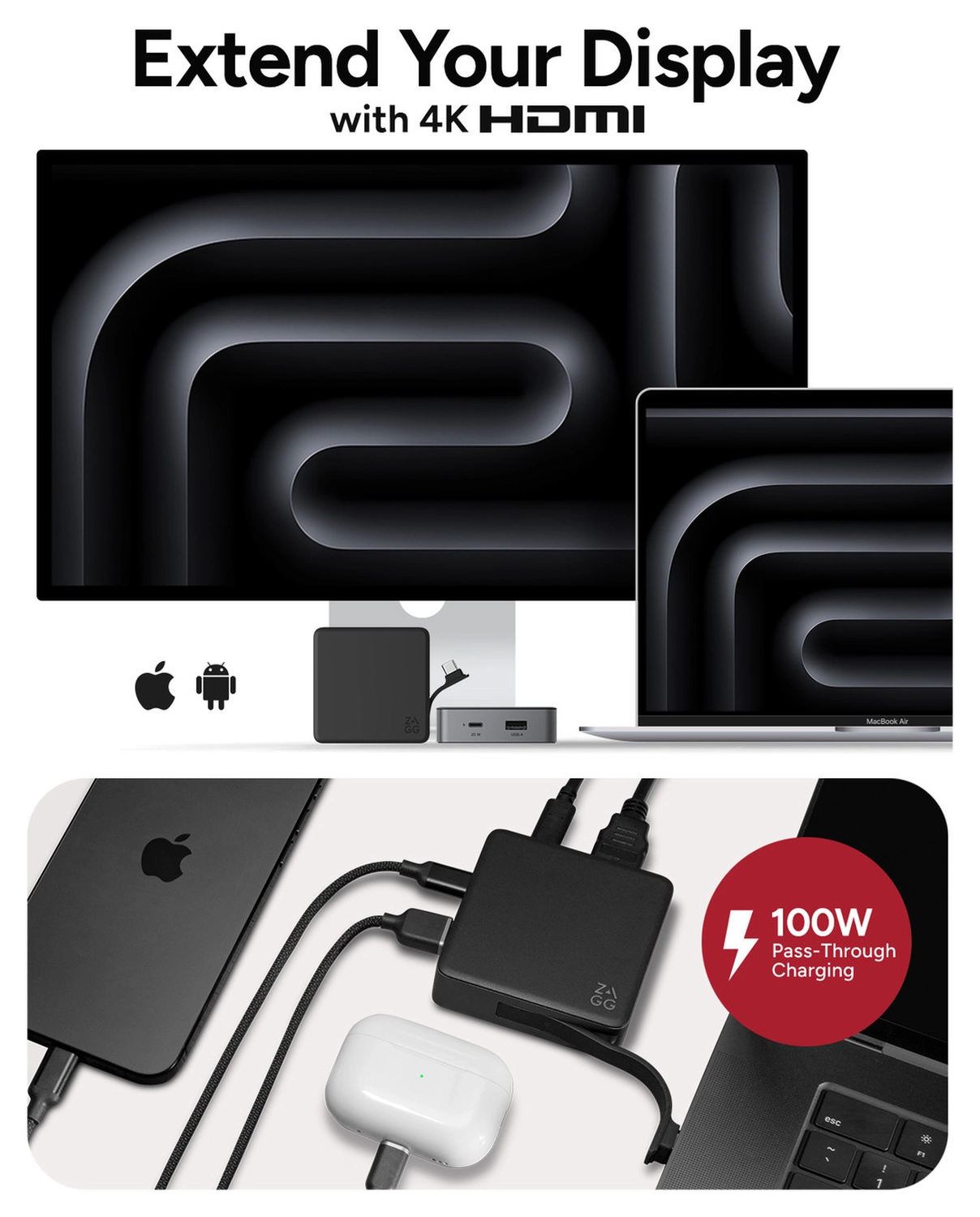 ZAGG 4-Ports USB-C Hub met 15W Draadloos Opladen/100W USB-C PD/4K HDMI/USB-A afbeelding 5