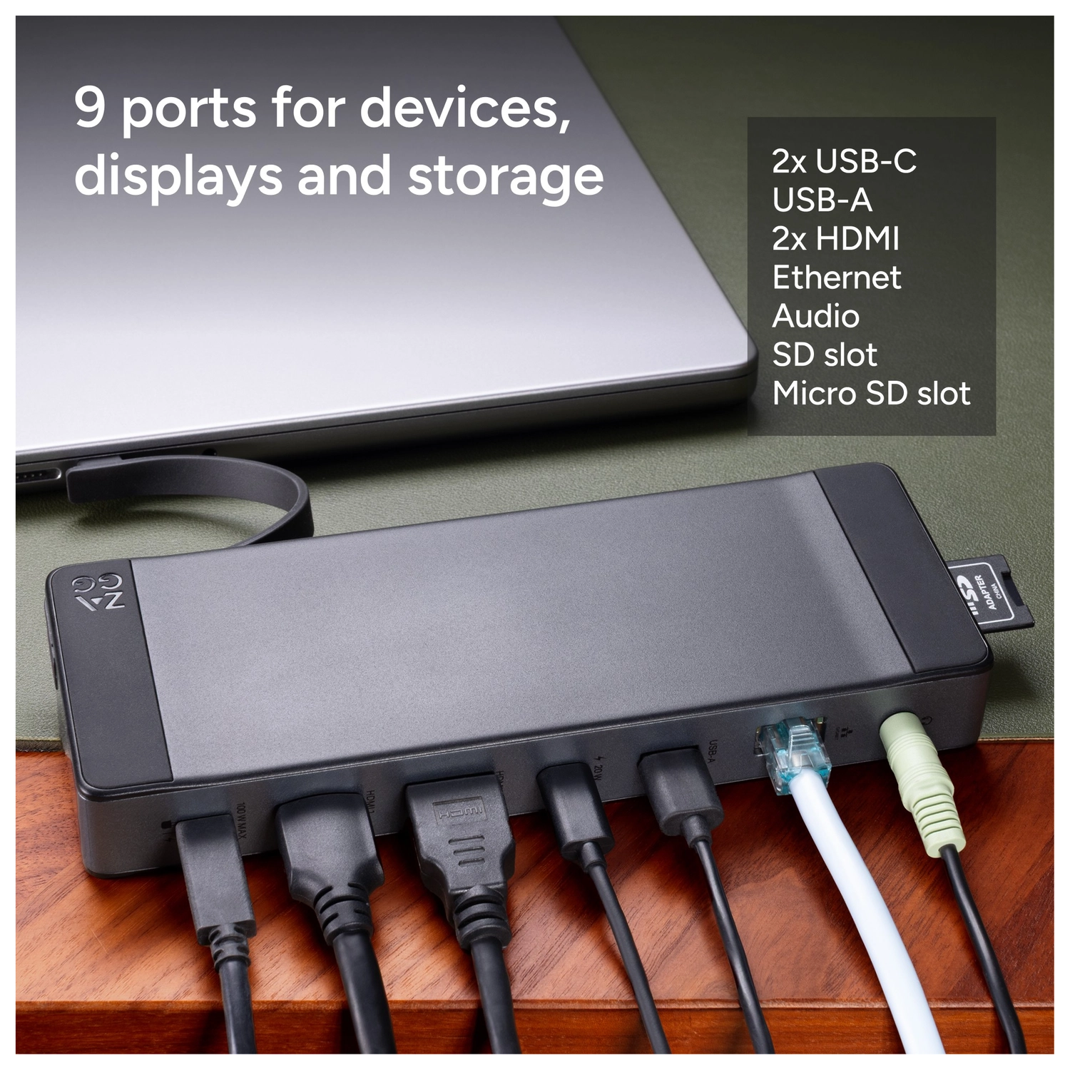 ZAGG 9-Port Hub 100W USB-C Docking Station voor Laptop, MacBook en Tablet afbeelding 2