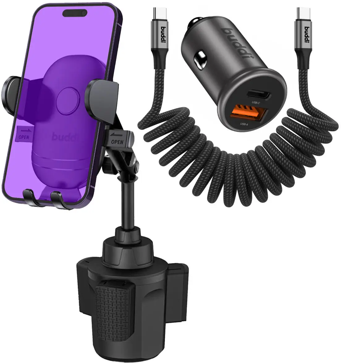 Buddi Way Universele Telefoonhouder Auto met Oplader voor Bekerhouder afbeelding 1