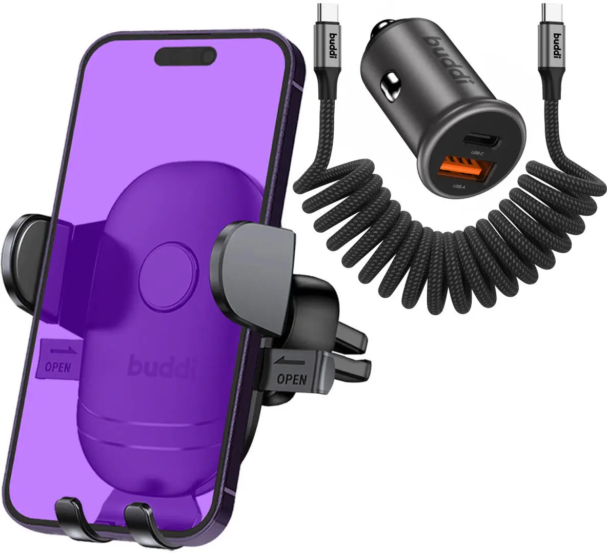 Buddi Way Universele Telefoonhouder Auto met Oplader voor Ventilatierooster afbeelding 1
