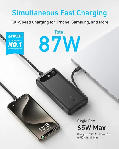 Anker PowerCore 20.000 mAh 87W Powerbank met Ingebouwde USB‑C Kabel Zwart afbeelding 2