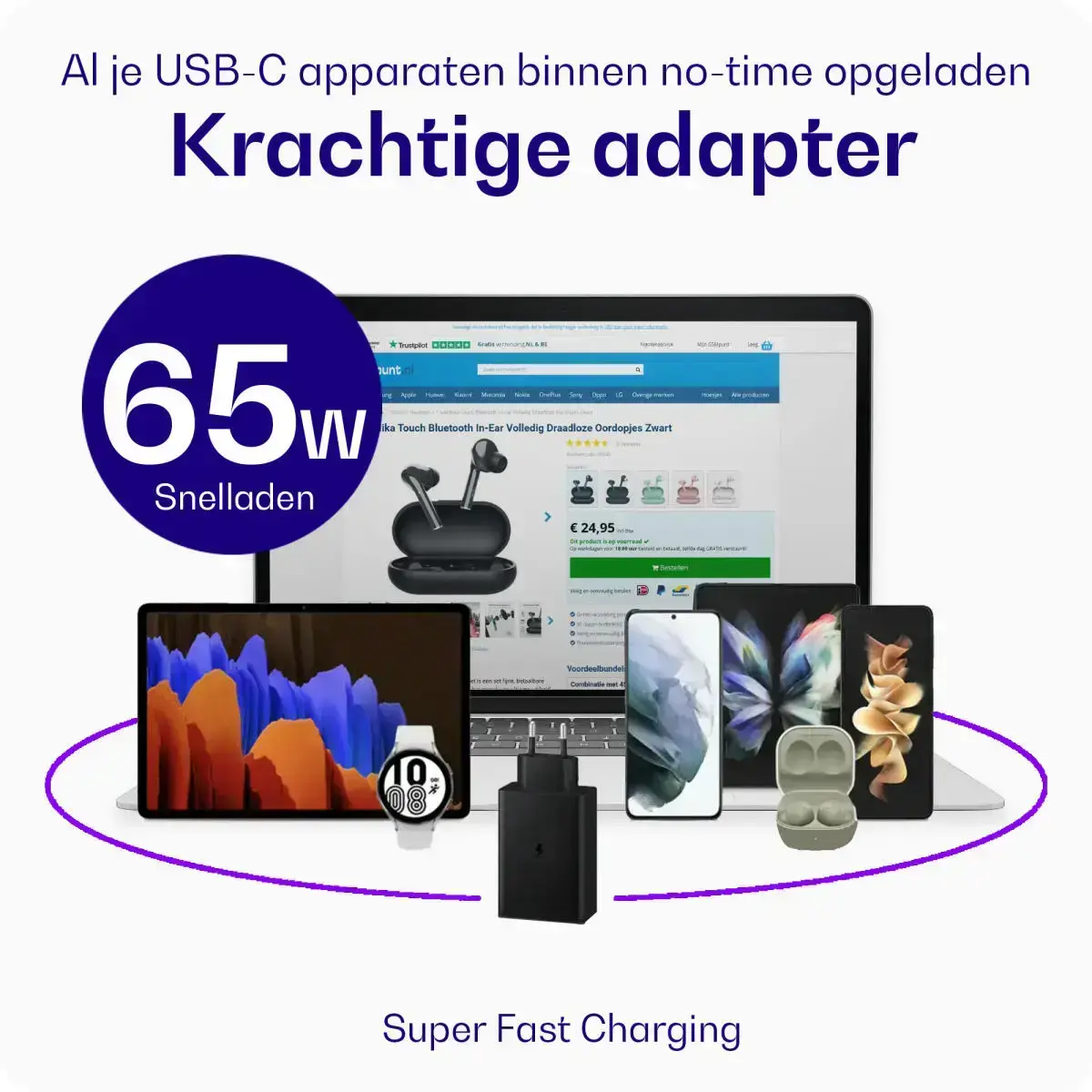 Originele Samsung 65W Power Adapter met 100W Buddi Flex USB-C kabel 3M Zwart afbeelding 3