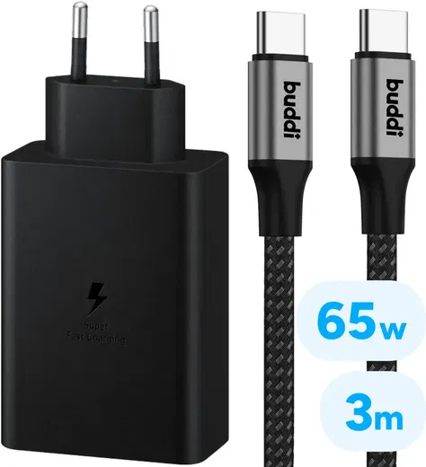 Originele Samsung 65W Power Adapter met 100W Buddi Flex USB-C kabel 3M Zwart afbeelding 1