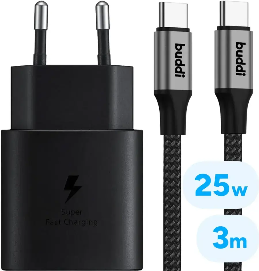 Originele Samsung 25W Power Adapter met Buddi Flex USB-C Kabel 3M Zwart afbeelding 1