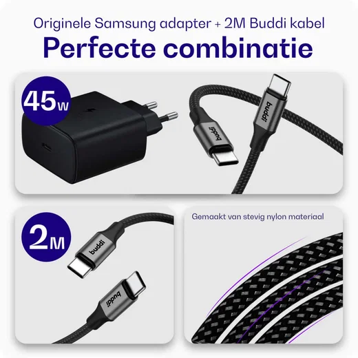 Originele Samsung 25W Power Adapter met Buddi Flex USB-C Kabel 3M Zwart afbeelding 2