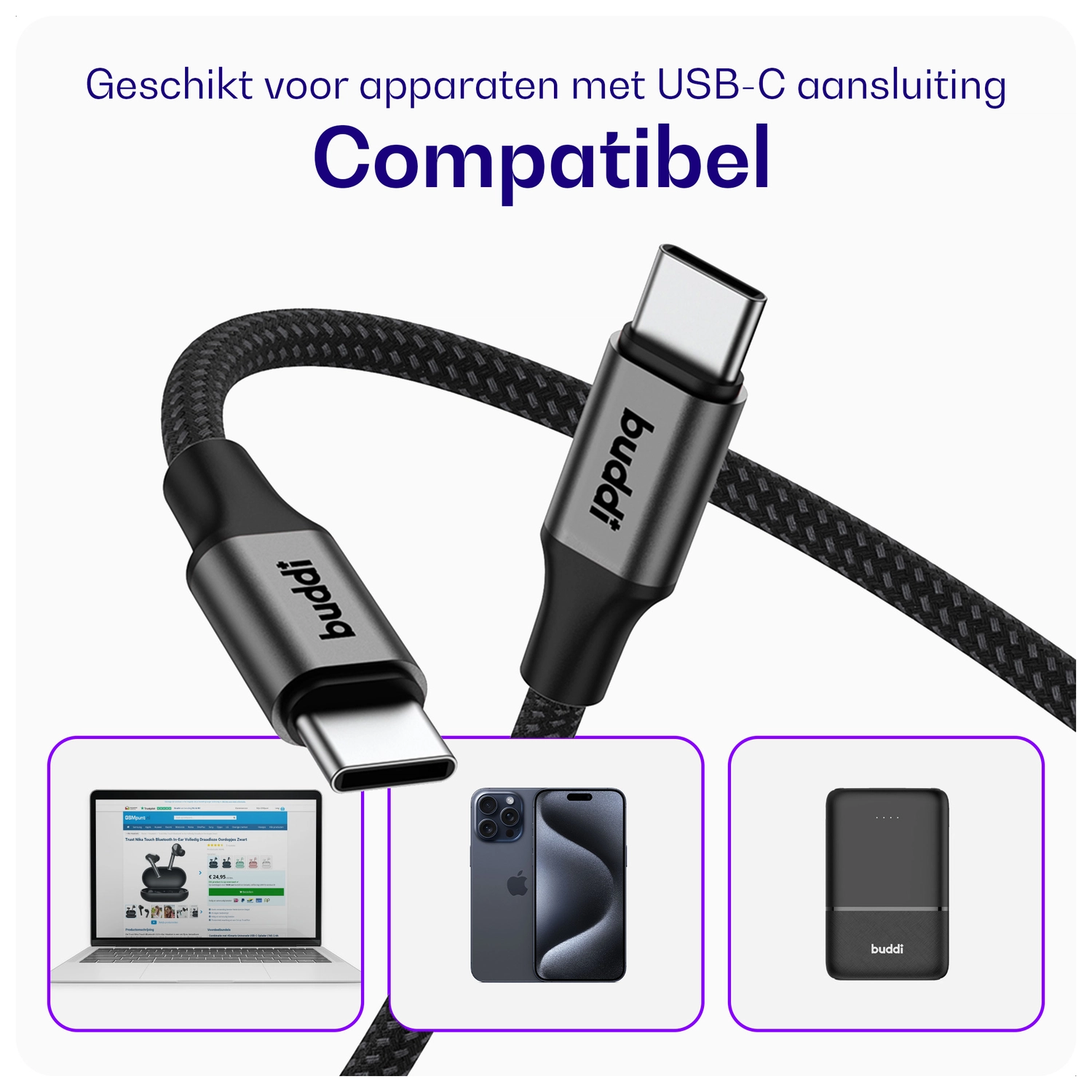Buddi Flex USB-C naar USB-C Magnetische Kabel 60W Fast Charge 2M Zwart afbeelding 4