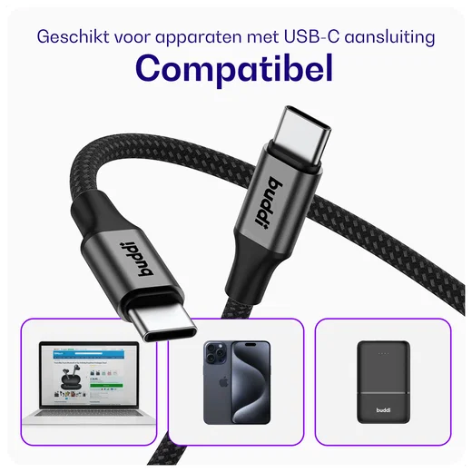 Buddi Flex USB-C naar USB-C Magnetische Kabel 60W Fast Charge 2M Zwart afbeelding 4