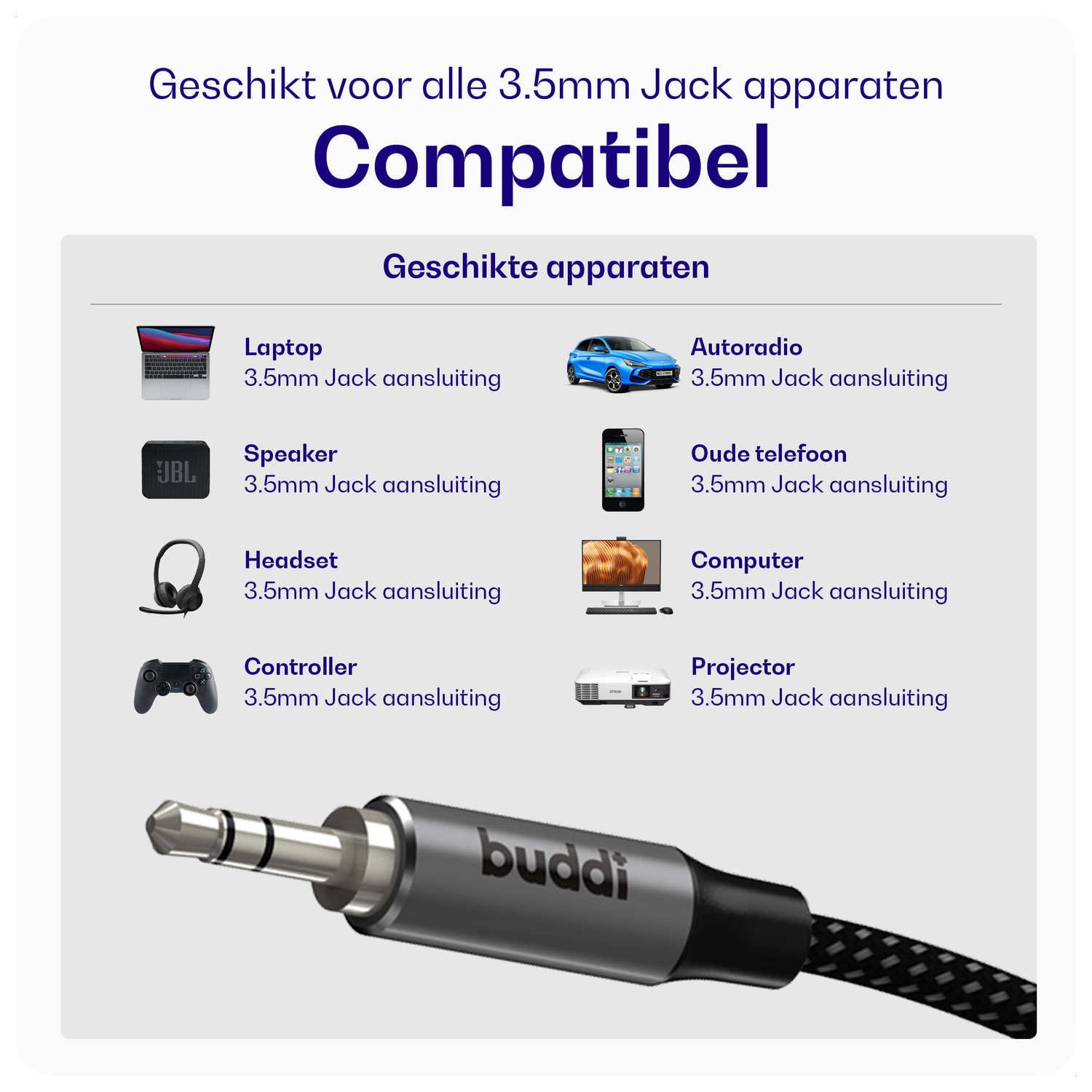 Buddi Flex 3.5mm Jack Aux Audio Kabel 2M Zwart afbeelding 6
