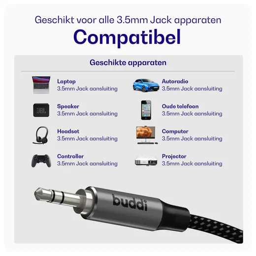 Buddi Flex 3.5mm Jack Aux Audio Kabel 2M Zwart afbeelding 6