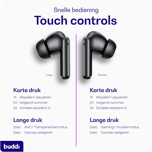 Buddi Pulse Draadloze Oordopjes Noise Cancelling ANC + ENC Zwart afbeelding 7