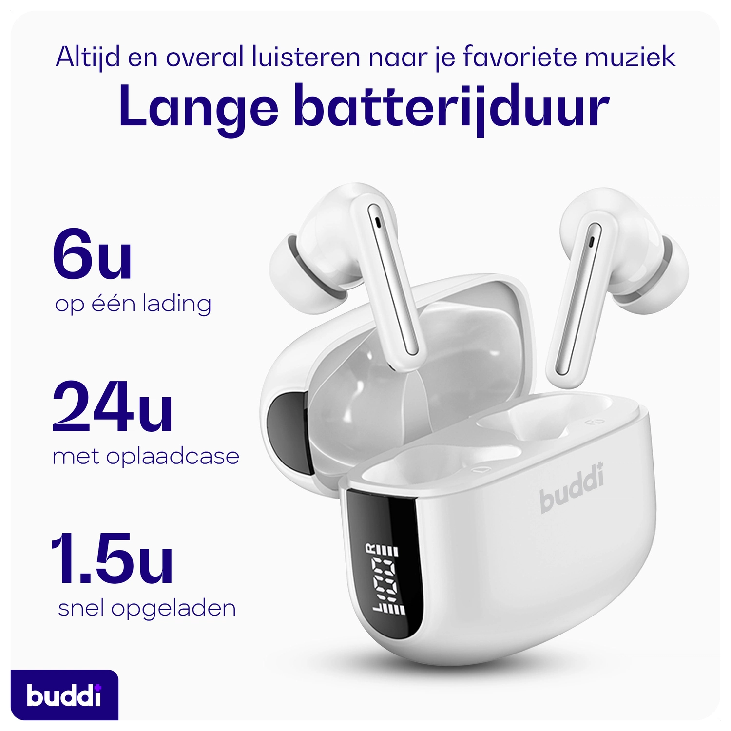 Buddi Pulse Draadloze Oordopjes Noise Cancelling ANC + ENC Wit afbeelding 2