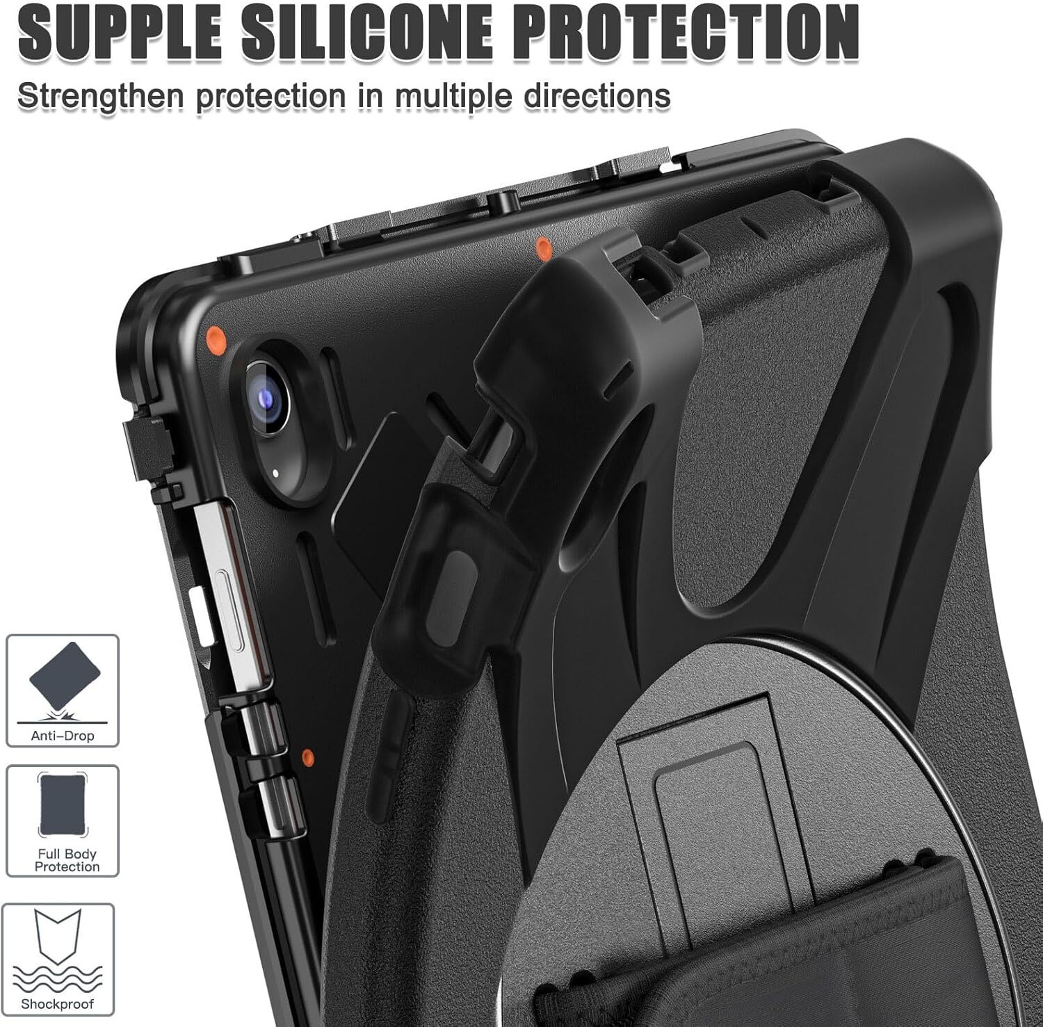 Samsung Galaxy Tab S10 FE Plus Hoes Back Cover met Kickstand en Handriem Zwart afbeelding 8