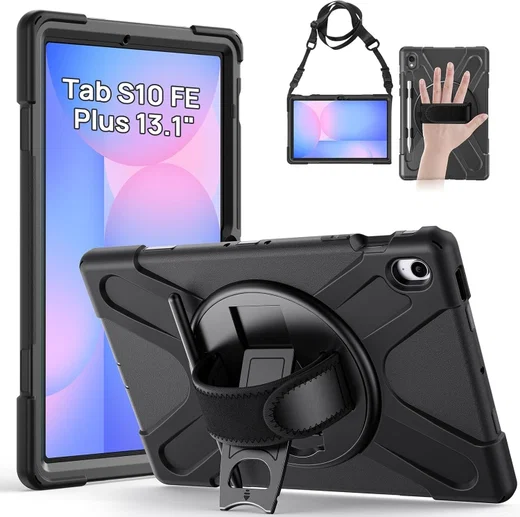 Samsung Galaxy Tab S10 FE Plus Hoes Back Cover met Kickstand en Handriem Zwart afbeelding 1