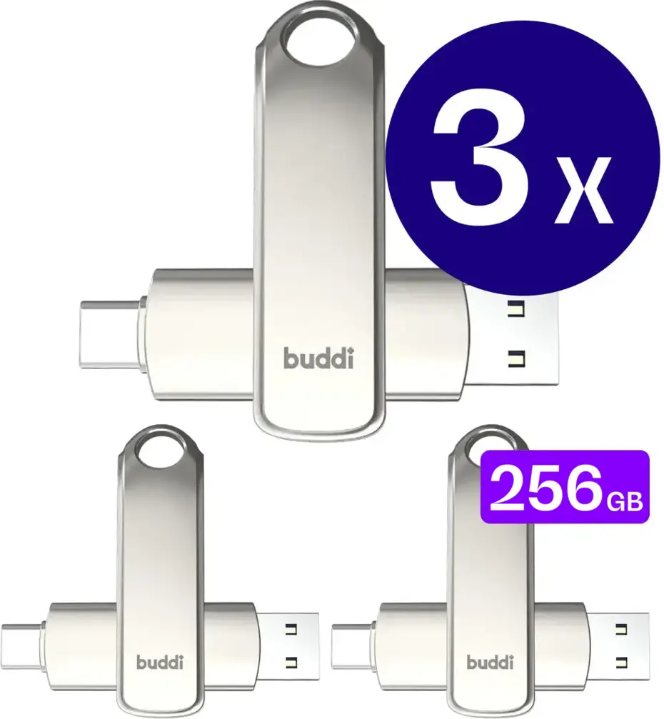 Buddi USB-A en USB-C Stick Dual Geheugenstick 256GB Grijs (3-Pack) afbeelding 1